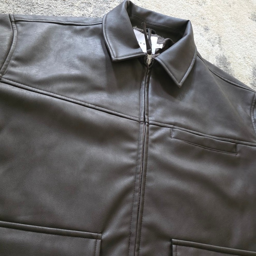 Topman Mens Dark Brown Faux Vegan Leather Trucker Jacket Size S Quilted Lined - Picture 12 of 14